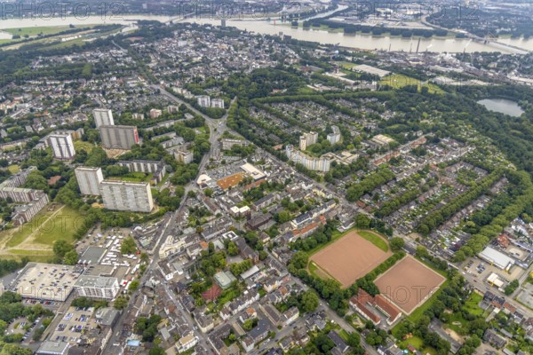 Aerial view, residential park Hochheide, Die Weißen Riesen, Hochheide, Duisburg, Ruhr area, North Rhine-Westphalia, Germany, DE, Europe, shapes and colours, large housing estate, property tax, high-rise buildings, real estate, aerial photography, aerial photography, aerial photography, apartment buildings, apartment buildings, Ottostraße, high-rise buildings, sight, overview, bird's-eye view, residential complex, living and life, residential area, residential buildings, residential park, housing estate, birds-eyes view, former Rheinpreußen-Siedlung, overview