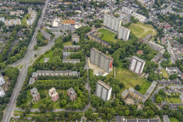 Aerial view, residential park Hochheide, Die Weißen Riesen, Hochheide, Duisburg, Ruhr area, North Rhine-Westphalia, Germany, DE, Europe, shapes and colours, large housing estate, property tax, high-rise buildings, real estate, aerial photography, aerial photography, aerial photography, apartment buildings, apartment buildings, Ottostraße, high-rise buildings, sight, overview, bird's-eye view, residential complex, living and life, residential area, residential buildings, residential park, housing estate, birds-eyes view, former Rheinpreußen-Siedlung, overview