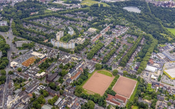 Aerial view, residential park Hochheide, Die Weißen Riesen, Hochheide, Duisburg, Ruhr area, North Rhine-Westphalia, Germany, DE, Europe, shapes and colours, large housing estate, property tax, high-rise buildings, real estate, aerial photography, aerial photography, aerial photography, apartment buildings, apartment buildings, Ottostraße, high-rise buildings, sight, overview, bird's-eye view, residential complex, living and life, residential area, residential buildings, residential park, housing estate, birds-eyes view, former Rheinpreußen-Siedlung, overview