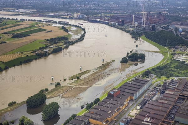 Aerial view, flood river Rhine, flooding river bank area near Alsumer Berg, Beeckerwerth, Duisburg, Ruhr area, North Rhine-Westphalia, Germany, DE, Former pumping station Mäuseturm, Europe, flood, flood of the century, aerial photograph, aerial photography, aerial photography, water level Duisburg, Rhine flood, heavy rain, overview, bird's-eye view, overview, flooding