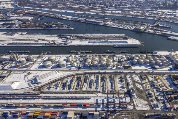 Aerial view, northern harbour, overview harbour Ruhrort, oil island, Ruhrort, Duisburg, Ruhr area, North Rhine-Westphalia, Germany, DE, Europe, harbour, aerial view, aerial photography, aerial photography, snow, overview, bird's eye view, winter, birds-eyes view, cleared roads, overview