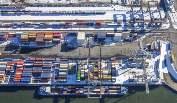 Aerial view, container harbour, northern harbour, Ruhrort, Duisburg, Ruhr area, North Rhine-Westphalia, Germany, container, DE, Europe, aerial view, aerial photography, aerial photography, snow, overview, bird's-eye view, winter, birds-eyes view, cleared roads, overview