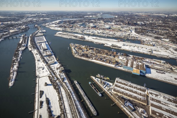 Aerial view, northern harbour, overview harbour Ruhrort, Ruhrort, Duisburg, Ruhr area, North Rhine-Westphalia, Germany, DE, Europe, harbour, aerial view, aerial photography, aerial photography, snow, overview, bird's eye view, winter, birds-eyes view, cleared roads, overview