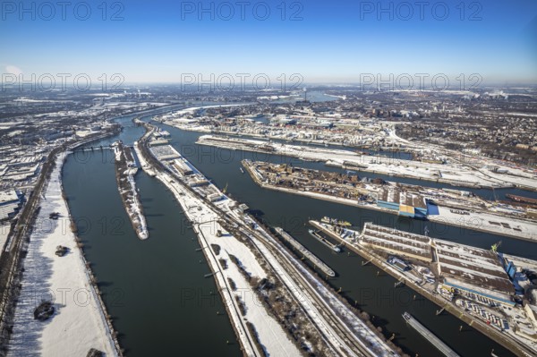 Aerial view, northern harbour, harbour area Ruhrort, Ruhrort, Duisburg, Ruhr area, North Rhine-Westphalia, Germany, DE, Europe, harbour, aerial view, aerial photography, aerial photography, snow, overview, bird's eye view, winter, birds-eyes view, cleared roads, overview