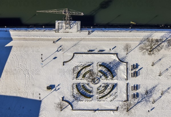 Aerial view, Johannes-Corputius-Platz at Duisburg Marina, Old Town, Duisburg, Ruhr area, North Rhine-Westphalia, Germany, DE, Europe, shapes and colours, aerial view, aerial photography, aerial photography, museum garden, snow, overview, bird's eye view, winter, birds-eyes view, cleared roads, overview