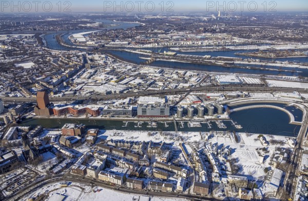 Aerial view, Landesarchiv North Rhine-Westphalia Abteilung Rheinland, Yachthafen Marina Duisburg, inner harbour, old town, Duisburg, Ruhr area, North Rhine-Westphalia, Germany, DE, Europe, aerial view, aerial photography, aerial photography, snow, overview, bird's eye view, winter, birds-eyes view, cleared roads, overview
