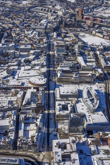 Aerial view, Landesarchiv North Rhine-Westphalia Abteilung Rheinland, Königstraße, brownfield Mercatorviertel Duisburg, Altstadt, Duisburg, Ruhr area, North Rhine-Westphalia, Germany, DE, Europe, culture, art, aerial view, aerial photography, aerial photography, Mercatorhalle Duisburg, snow, overview, events, venue, event location, event centre, bird's-eye view, winter, birds-eyes view, cleared streets, cultural use, overview
