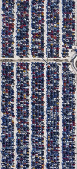 Aerial photo, E. H. Harms AutomobilTransporte and BLG AutoTerminal Duisburg, Osloer Straße, Friemersheim, Duisburg, Ruhr area, North Rhine-Westphalia, Germany, DE, Europe, shapes and colours, logistics, logistics service, logistics service provider, logistics provider, aerial photo, aerial photography, aerial photography, car logistics, Rotterdamer Straße, snow, overview, bird's eye view, winter, birds-eyes view, cleared roads, overview