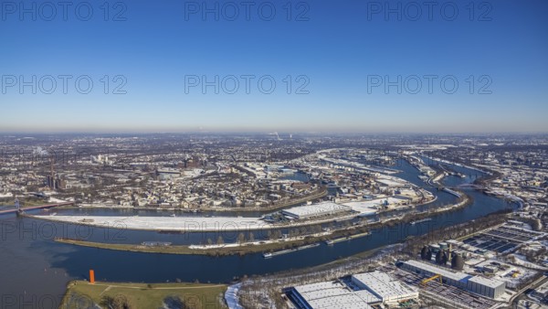 Aerial view, northern harbour, mouth of the Ruhr at the Mercatorinsel into the Rhine, Friedrich-Ebert-Bridge, sculpture Rhine orange, Kaßlerfeld, Duisburg, Ruhr area, North Rhine-Westphalia, Germany, DE, Europe, culture, art, aerial photography, aerial photography, aerial photography, snow, sculpture, overview, bird's eye view, winter, birds-eyes view, cleared roads, overview, flood, Rhine flood, winter flood