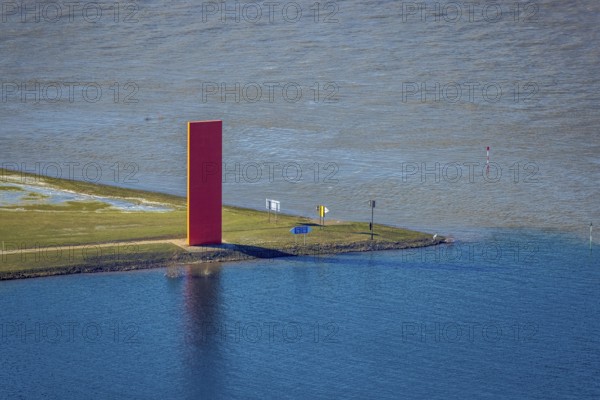 Aerial view, Sculpture Rhine orange, Sign in the landscape, Ruhr estuary into the Rhine, Ruhrort, Duisburg, Ruhr area, North Rhine-Westphalia, Germany, DE, Europe, culture, art, aerial view, aerial photography, aerial photography, snow, sculpture, overview, bird's eye view, winter, birds-eyes view, cleared roads, overview, flood, Rhine flood, winter flood
