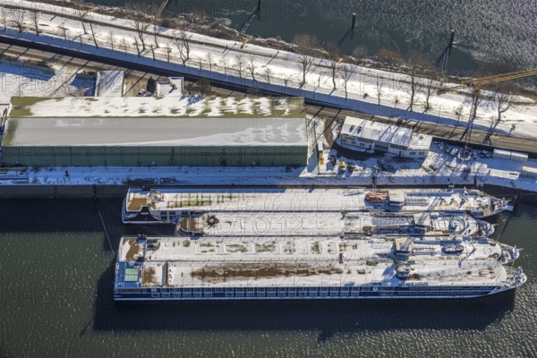 Aerial view, container ships in the northern harbour, Ruhrort, Duisburg, Ruhr area, North Rhine-Westphalia, Germany, DE, Europe, aerial photography, aerial photography, aerial photography, ships, snow, overview, bird's eye view, winter, birds-eyes view, cleared roads, overview