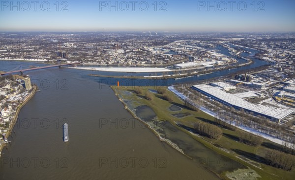Aerial view, northern harbour, mouth of the Ruhr at the Mercatorinsel into the Rhine, Friedrich-Ebert-Brücke, sculpture Rhine orange, Alt-Homberg, Duisburg, Ruhr area, North Rhine-Westphalia, Germany, DE, Europe, culture, art, aerial view, aerial photography, aerial photography, snow, sculpture, overview, bird's eye view, winter, birds-eyes view, cleared roads, overview, flood, Rhine flood, winter flood