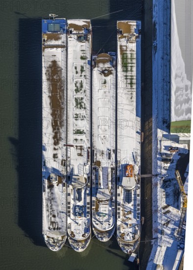 Aerial view, container ships in the northern harbour, Ruhrort, Duisburg, Ruhr area, North Rhine-Westphalia, Germany, DE, Europe, aerial photography, aerial photography, aerial photography, ships, snow, overview, bird's eye view, winter, birds-eyes view, cleared roads, overview