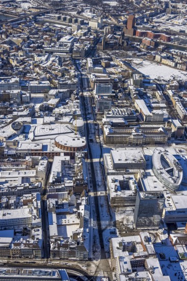 Aerial view, Landesarchiv North Rhine-Westphalia Abteilung Rheinland, Königstraße, brownfield Mercatorviertel Duisburg, Altstadt, Duisburg, Ruhr area, North Rhine-Westphalia, Germany, DE, Europe, culture, art, aerial view, aerial photography, aerial photography, Mercatorhalle Duisburg, snow, overview, events, venue, event location, event centre, bird's-eye view, winter, birds-eyes view, cleared streets, cultural use, overview