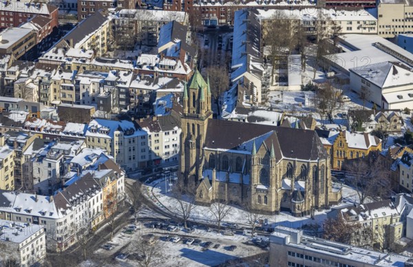 Aerial view, church in Dellviertel, Duisburg, Ruhr area, North Rhine-Westphalia, Germany, place of worship, DE, Europe, religious community, place of worship, holy place, church, parish, denomination, aerial photograph, aerial photography, aerial photography, religion, religious site, snow, overview, bird's eye view, winter, birds-eyes view, cleared roads, overview