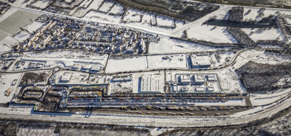 Aerial view, logport III, industrial estate Dahlingstraße, railway settlement, Samskip Multimodal Rail Terminal, Duisburg terminal, container terminal, Friemersheim, Duisburg, Ruhr area, North Rhine-Westphalia, Germany, DE, Europe, aerial view, aerial photography, aerial photography, snow, terminal, overview, bird's eye view, winter, birds-eyes view, cleared roads, overview