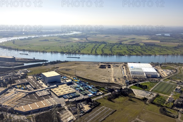 Aerial view, Logport 6, Duisport, near coal-fired power station Steak Walsum, Rhine, Alt-Walsum, Duisburg, Ruhr area, North Rhine-Westphalia, Germany, DE, Europe, birds-eyes view, aerial photograph, aerial photography, aerial photography, overview, bird's eye view