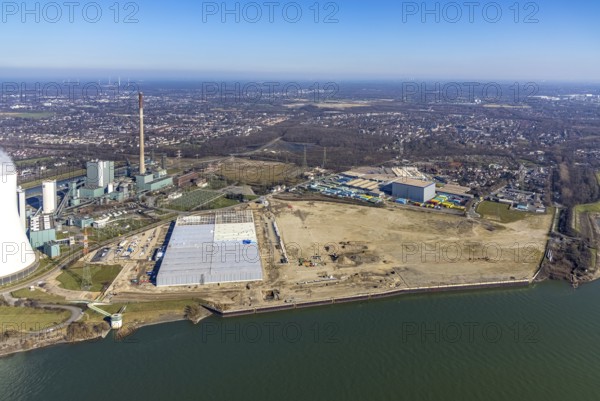 Aerial view, Logport 6, Duisport, near coal-fired power station Steak Walsum, Rhine, Alt-Walsum, Duisburg, Ruhr area, North Rhine-Westphalia, Germany, DE, Europe, birds-eyes view, aerial photograph, aerial photography, aerial photography, overview, bird's eye view