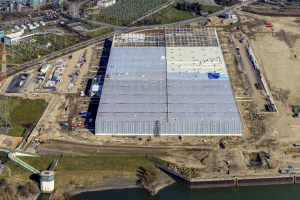Aerial view, Logport 6, Duisport, near coal-fired power station Steak Walsum, Rhine, Alt-Walsum, Duisburg, Ruhr area, North Rhine-Westphalia, Germany, DE, Europe, birds-eyes view, aerial photograph, aerial photography, aerial photography, overview, bird's eye view