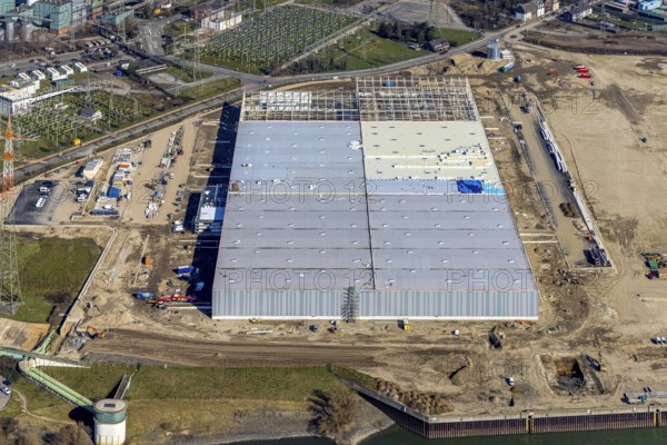 Aerial view, Logport 6, Duisport, near Steak Walsum coal-fired power station, Rhine, Alt-Walsum, Duisburg, Ruhr area, North Rhine-Westphalia, Germany