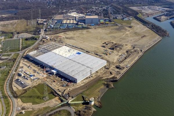 Aerial view, Logport 6, Duisport, near coal-fired power station Steak Walsum, Rhine, Alt-Walsum, Duisburg, Ruhr area, North Rhine-Westphalia, Germany, DE, Europe, birds-eyes view, aerial photograph, aerial photography, aerial photography, overview, bird's eye view