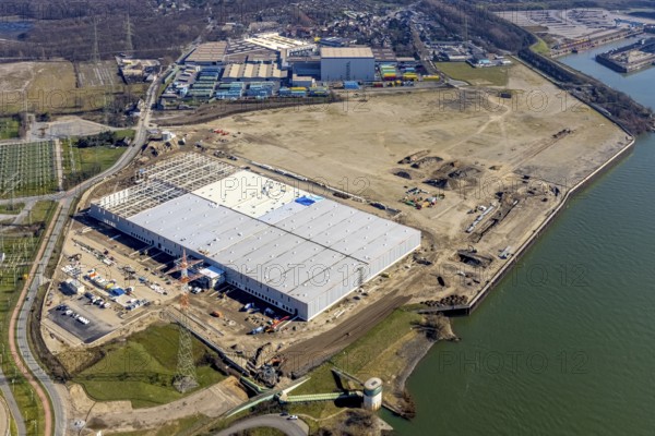 Aerial view, Logport 6, Duisport, near coal-fired power station Steak Walsum, Rhine, Alt-Walsum, Duisburg, Ruhr area, North Rhine-Westphalia, Germany, DE, Europe, birds-eyes view, aerial photograph, aerial photography, aerial photography, overview, bird's eye view