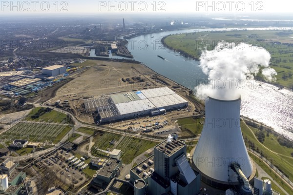 Aerial view, Logport 6, Duisport, near coal-fired power station Steak Walsum, Rhine, Alt-Walsum, Duisburg, Ruhr area, North Rhine-Westphalia, Germany, DE, Europe, birds-eyes view, aerial photograph, aerial photography, aerial photography, overview, bird's eye view