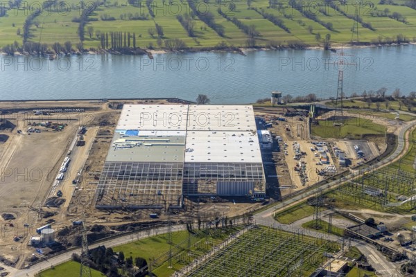 Aerial view, Logport 6, Duisport, near coal-fired power station Steak Walsum, Rhine, Alt-Walsum, Duisburg, Ruhr area, North Rhine-Westphalia, Germany, DE, Europe, birds-eyes view, aerial photograph, aerial photography, aerial photography, overview, bird's eye view