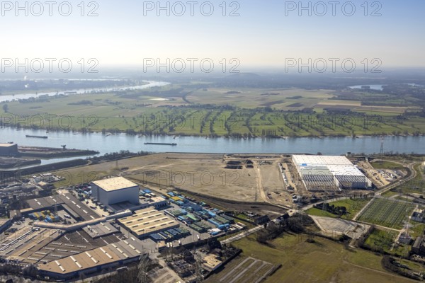 Aerial view, Logport 6, Duisport, near coal-fired power station Steak Walsum, Rhine, Alt-Walsum, Duisburg, Ruhr area, North Rhine-Westphalia, Germany, DE, Europe, birds-eyes view, aerial photograph, aerial photography, aerial photography, overview, bird's eye view