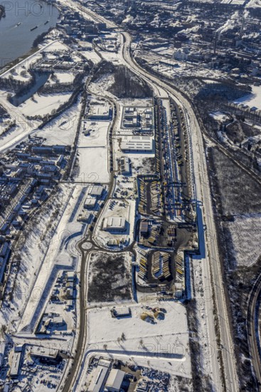 Aerial view, logport III, industrial estate Dahlingstraße, railway settlement, Samskip Multimodal Rail Terminal, Duisburg terminal, container terminal, Friemersheim, Duisburg, Ruhr area, North Rhine-Westphalia, Germany, DE, Europe, aerial view, aerial photography, aerial photography, snow, terminal, overview, bird's eye view, winter, birds-eyes view, cleared roads, overview