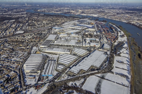 Aerial view, logport III, logport I, terminal, container port, DIT Duisburg Intermodal Terminal GmbH, D3T Duisburg Trimodal Terminal, river Rhine, Rheinhausen, Duisburg, Ruhr area, North Rhine-Westphalia, Germany, container, container terminal, container service, DE, Port of Duisburg, Duisport, Europe, freight traffic, port, port area, logistics, logistics centre, aerial view, aerial photography, aerial photography, snow, transport, transport service, overview, bird's eye view, winter, birds-eyes view, cleared roads, overview