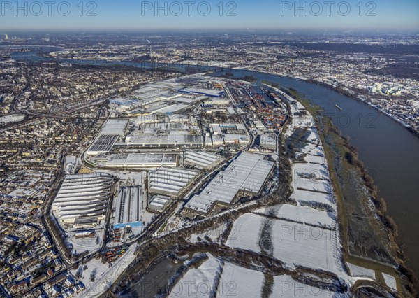 Aerial view, logport III, logport I, terminal, container port, DIT Duisburg Intermodal Terminal GmbH, D3T Duisburg Trimodal Terminal, river Rhine, Rheinhausen, Duisburg, Ruhr area, North Rhine-Westphalia, Germany, container, container terminal, container service, DE, Port of Duisburg, Duisport, Europe, freight traffic, port, port area, logistics, logistics centre, aerial view, aerial photography, aerial photography, snow, transport, transport service, overview, bird's eye view, winter, birds-eyes view, cleared roads, overview