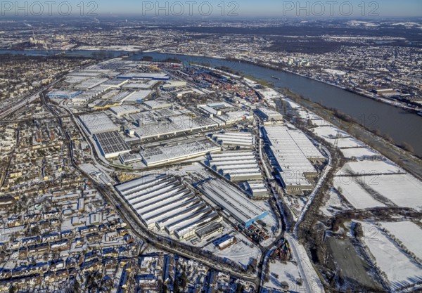 Aerial view, industrial area Bliersheimer Straße, logport I, terminal, container port, DIT Duisburg Intermodal Terminal GmbH, D3T Duisburg Trimodal Terminal, river Rhine, Rheinhausen, Duisburg, Ruhr area, North Rhine-Westphalia, Germany, container, container terminal, container service, DE, Port of Duisburg, Duisport, Europe, freight traffic, port, port area, logistics, logistics centre, aerial view, aerial photography, aerial photography, snow, transport, transport service, overview, bird's eye view, winter, birds-eyes view, cleared roads, overview
