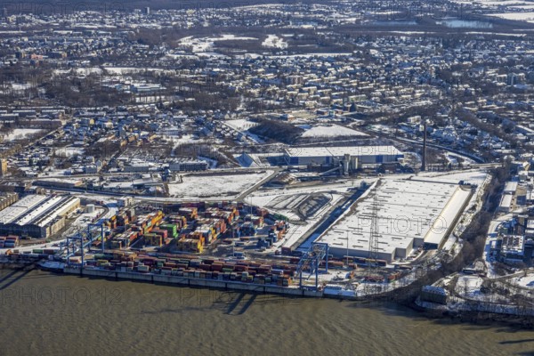 Aerial view, Logport II, warehouse and cargo handling, river Rhine, Tiger & Turtle - Magic Mountain artwork, Hüttenheim, Duisburg, Ruhr area, North Rhine-Westphalia, Germany, DE, Europe, aerial view, aerial photography, aerial photography, snow, overview, bird's eye view, winter, birds-eyes view, cleared roads, overview
