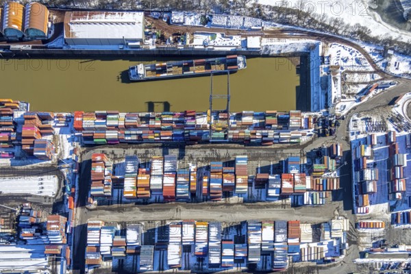 Aerial view, logport I, terminal, container port, DIT Duisburg Intermodal Terminal GmbH, D3T Duisburg Trimodal Terminal, river Rhine, Rheinhausen, Duisburg, Ruhr area, North Rhine-Westphalia, Germany, container, container terminal, container service, DE, Port of Duisburg, Duisport, Europe, freight traffic, port, port area, logistics, logistics centre, aerial view, aerial photography, aerial photography, snow, transport, transport service, overview, bird's-eye view, winter, birds-eyes view, overview