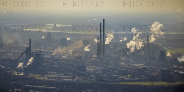 Aerial view, thyssenkrupp Steel Europe backlit, Marxloh, Duisburg, Ruhr area, North Rhine-Westphalia, Germany, DE, Europe, commercial enterprises, commercial area, commercial area, commercial location, commercial use, industrial area, industrial building, industrial location, aerial view, aerial photography, aerial photography, overview, bird's eye view, birds-eyes view, overview, industrial scenery, industrial romanticism, emission, air pollution, haziness