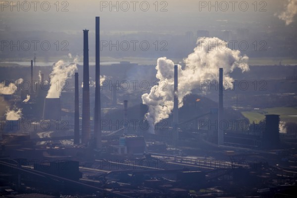 Aerial view, thyssenkrupp Steel Europe backlit, Marxloh, Duisburg, Ruhr area, North Rhine-Westphalia, Germany, DE, Europe, commercial enterprises, commercial area, commercial area, commercial location, commercial use, industrial area, industrial building, industrial location, aerial view, aerial photography, aerial photography, overview, bird's eye view, birds-eyes view, overview, industrial scenery, industrial romanticism, emission, air pollution, haziness