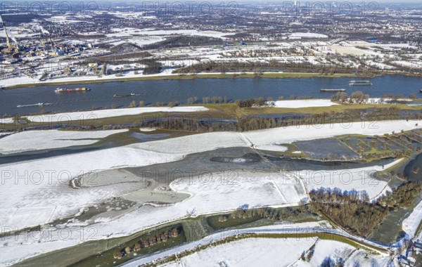 Aerial view, frozen Rhine meadows Ehingen, Mündelheim, Duisburg, Ruhr area, North Rhine-Westphalia, Germany, DE, ice surface, ice landscape, Europe, aerial view, aerial photography, aerial photography, snow, overview, bird's eye view, winter, birds-eyes view, frozen Rhine meadows, cleared roads, overview