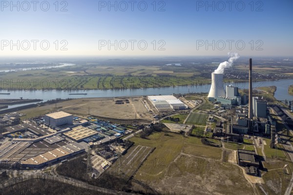 Aerial view, Logport 6, Duisport, near coal-fired power station Steak Walsum, Rhine, Alt-Walsum, Duisburg, Ruhr area, North Rhine-Westphalia, Germany, DE, Europe, birds-eyes view, aerial photograph, aerial photography, aerial photography, overview, bird's eye view