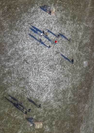 Aerial view, frozen Rhine meadow Ehingen, ice hockey players, Mündelheim, Duisburg, Ruhr area, North Rhine-Westphalia, Germany, DE, ice surface, Europe, leisure, hobby, aerial photography, aerial photography, aerial photography, snow, sports, overview, bird's eye view, winter, birds-eyes view, frozen Rhine meadows, cleared roads, overview