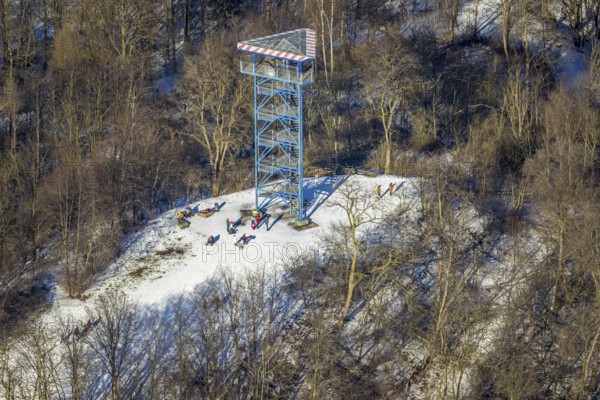 Aerial view, Sechs-Seen-Platte, sledging at the Haubachwald observation tower, Wedau, Duisburg, Ruhr area, North Rhine-Westphalia, Germany