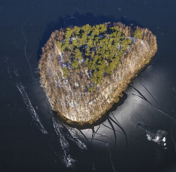 Aerial view, Sechs-Seen-Platte, Wedau, Duisburg, Ruhr area, North Rhine-Westphalia, Germany, DE, Europe, island in the lake, aerial view, aerial photography, aerial photography, snow, overview, bird's eye view, forest area, winter, birds-eyes view, cleared roads, overview
