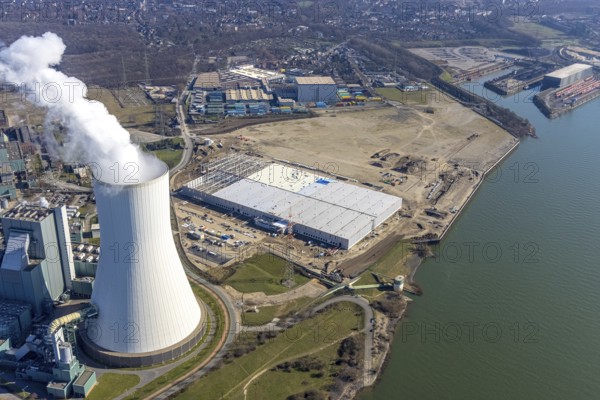 Aerial view, Logport 6, Duisport, near coal-fired power station Steak Walsum, Rhine, Alt-Walsum, Duisburg, Ruhr area, North Rhine-Westphalia, Germany, DE, Europe, birds-eyes view, aerial photograph, aerial photography, aerial photography, overview, bird's eye view