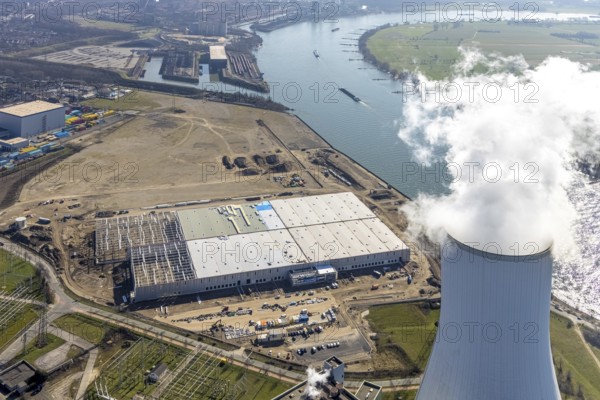 Aerial view, Logport 6, Duisport, near coal-fired power station Steak Walsum, Rhine, Alt-Walsum, Duisburg, Ruhr area, North Rhine-Westphalia, Germany, DE, Europe, birds-eyes view, aerial photograph, aerial photography, aerial photography, overview, bird's eye view