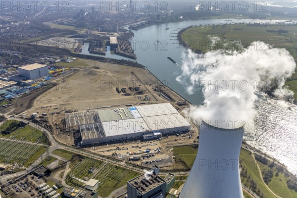 Aerial view, Logport 6, Duisport, near coal-fired power station Steak Walsum, Rhine, Alt-Walsum, Duisburg, Ruhr area, North Rhine-Westphalia, Germany, DE, Europe, birds-eyes view, aerial photograph, aerial photography, aerial photography, overview, bird's eye view