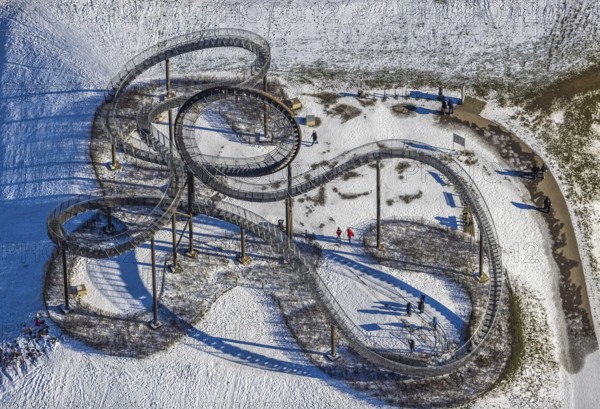 Aerial view, Tiger & Turtle - Magic Mountain, artwork, Wanheim-Angerhausen, Duisburg, Ruhr area, North Rhine-Westphalia, Germany, roller coaster model, Angerpark, DE, Ehinger Straße, Europe, shapes and colours, large sculpture, Heinrich-Hildebrand-Höhe, landmark, aerial view, aerial photography, aerial photography, snow, sight, overview, bird's eye view, winter, birds-eyes view, cleared roads, overview