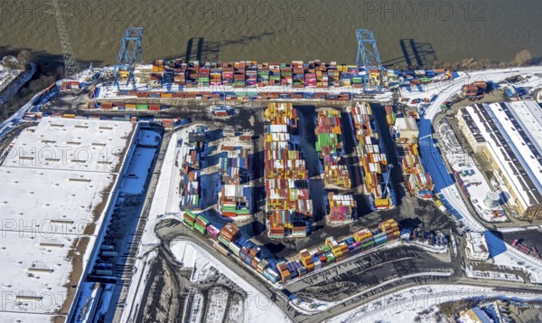 Aerial view, Logport II, warehouse and goods handling, river Rhine, Wanheim-Angerhausen, Duisburg, Ruhr area, North Rhine-Westphalia, Germany, DE, Europe, aerial view, aerial photography, aerial photography, snow, overview, bird's eye view, winter, birds-eyes view, cleared roads, overview