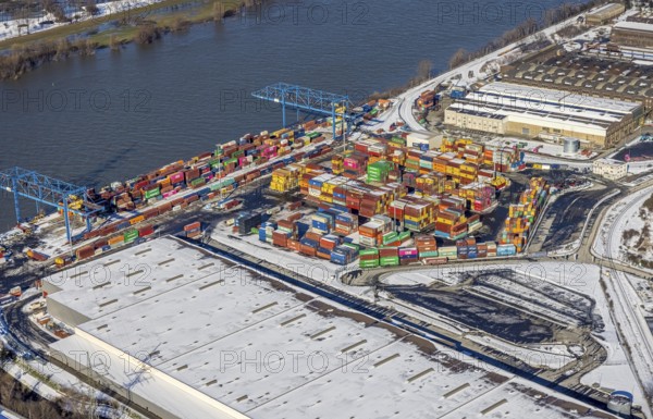 Aerial view, Logport II, warehouse and cargo handling, river Rhine, Tiger & Turtle artwork, Hüttenheim, Duisburg, Ruhr area, North Rhine-Westphalia, Germany, DE, Europe, aerial view, aerial photography, aerial photography, snow, overview, bird's eye view, winter, birds-eyes view, cleared roads, overview