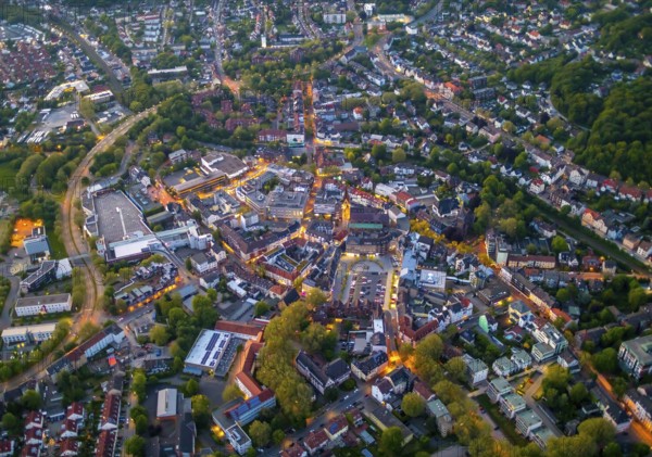 Aerial view, city centre and old town market with catholic church St. Lambertus, Castrop-Rauxel, Ruhr area, North Rhine-Westphalia, Germany, Old Town, Old Town view, Am Markt, outdoor lighting, City, DE, twilight, Europe, city centre, light pollution, aerial view, aerial photography, aerial photography, night aerial view, townscape, city centre, streetlights, street lamps, overview, bird's eye view, illuminated, illuminated houses, illuminated house, birds-eyes view, artificial light, night, nightflight, overview