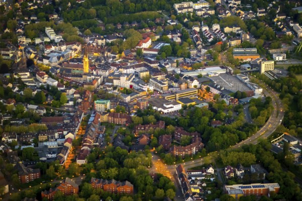Aerial view, city centre and old town market with catholic church St. Lambertus, Castroperholz, Castrop-Rauxel, Ruhr area, North Rhine-Westphalia, Germany, Old Town, Old Town view, Am Markt, outdoor lighting, City, DE, twilight, Europe, city centre, light pollution, aerial view, aerial photography, aerial photography, night aerial view, townscape, city centre, streetlights, street lamps, overview, bird's eye view, illuminated, illuminated houses, illuminated house, birds-eyes view, artificial light, night, nightflight, overview